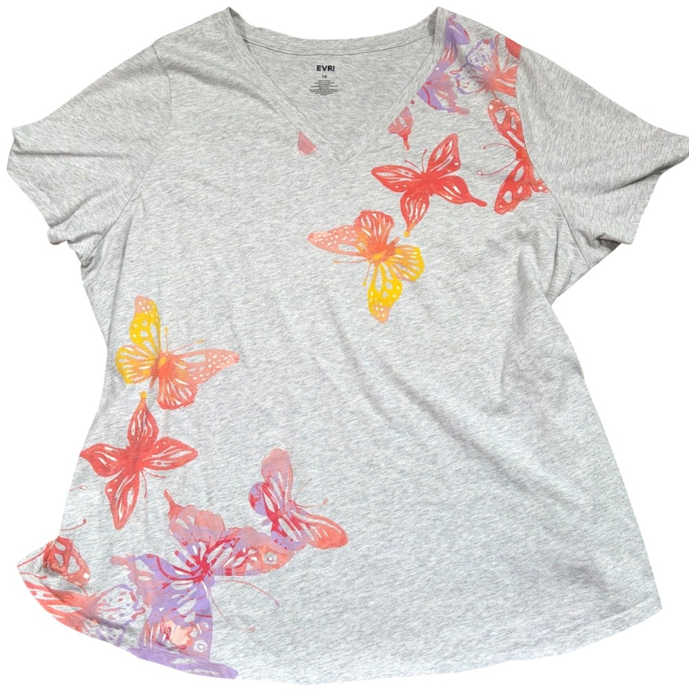 Y2K‎ Fairy 1X Heather Gray Butterfly Graphic V-Neck Short Sleeve Tee Shirt